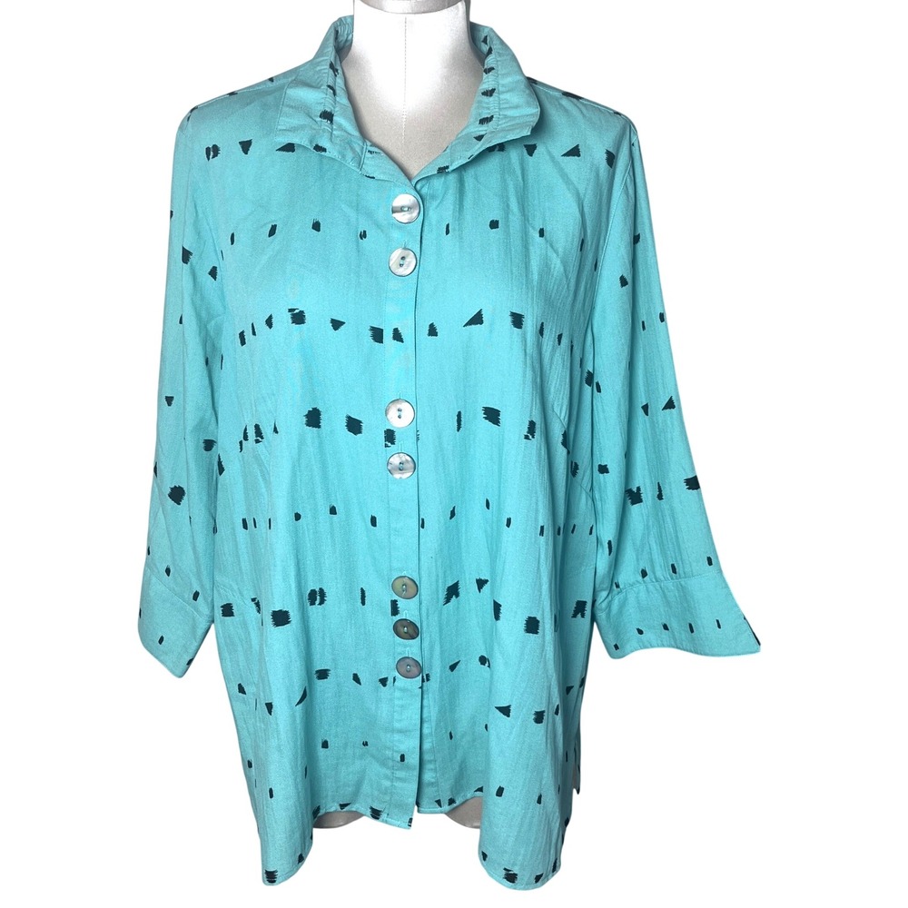Ali Miles Turquoise Geometric Print Button Down Tunic Top Plus Size 1X Pockets